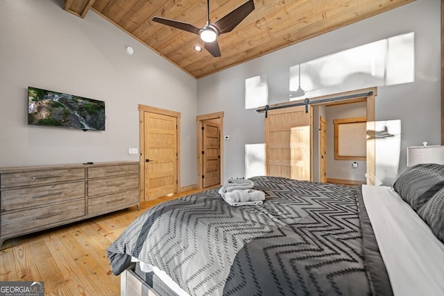 bedroom featuring wood ceiling, beam ceiling, a barn door, light wood-type flooring, and ceiling fan