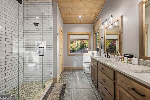 bathroom with toilet, an enclosed shower, vanity, and wood ceiling