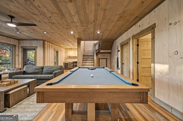 playroom featuring wood ceiling, wood walls, billiards, and light wood-type flooring