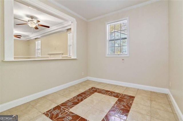 empty room featuring crown molding, tile patterned floors, and ceiling fan