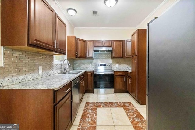 kitchen with decorative backsplash, ornamental molding, sink, light tile patterned floors, and appliances with stainless steel finishes