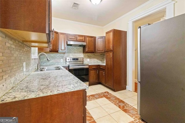 kitchen featuring decorative backsplash, ornamental molding, light tile patterned flooring, sink, and stainless steel appliances