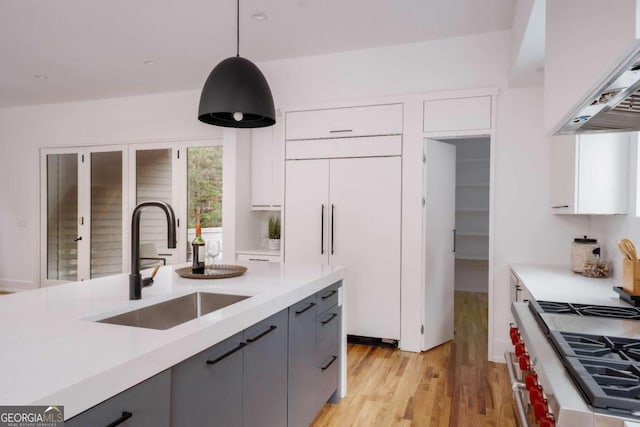 kitchen with white cabinetry, sink, decorative light fixtures, light hardwood / wood-style flooring, and gray cabinetry