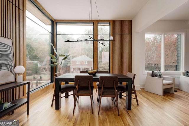 dining space with a chandelier and light hardwood / wood-style flooring