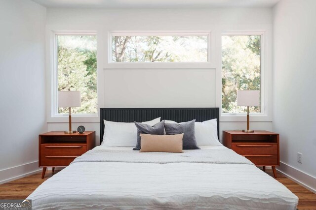 bedroom with multiple windows and wood-type flooring