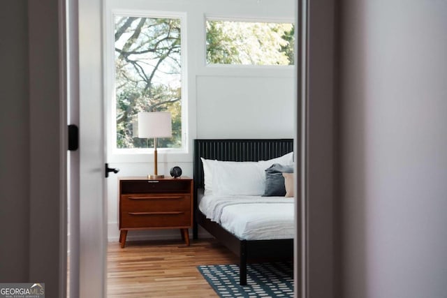 bedroom with light hardwood / wood-style flooring and multiple windows