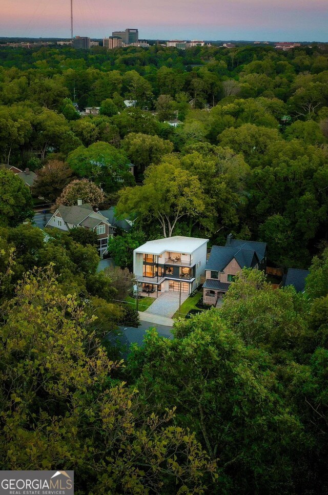 view of aerial view at dusk