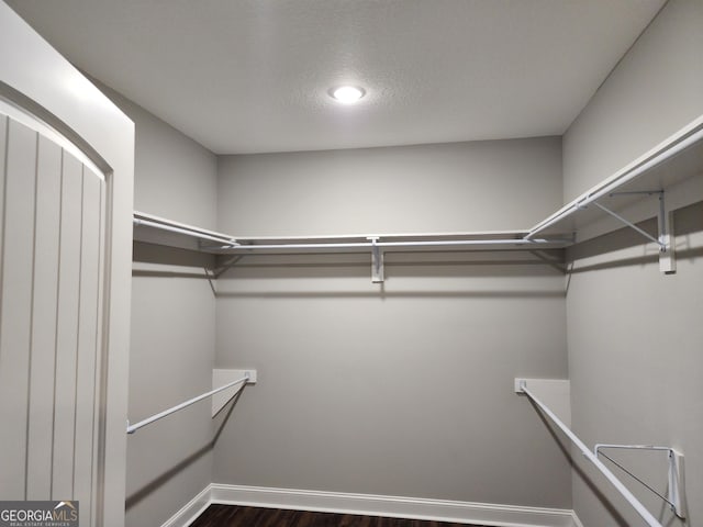 walk in closet with dark wood-type flooring