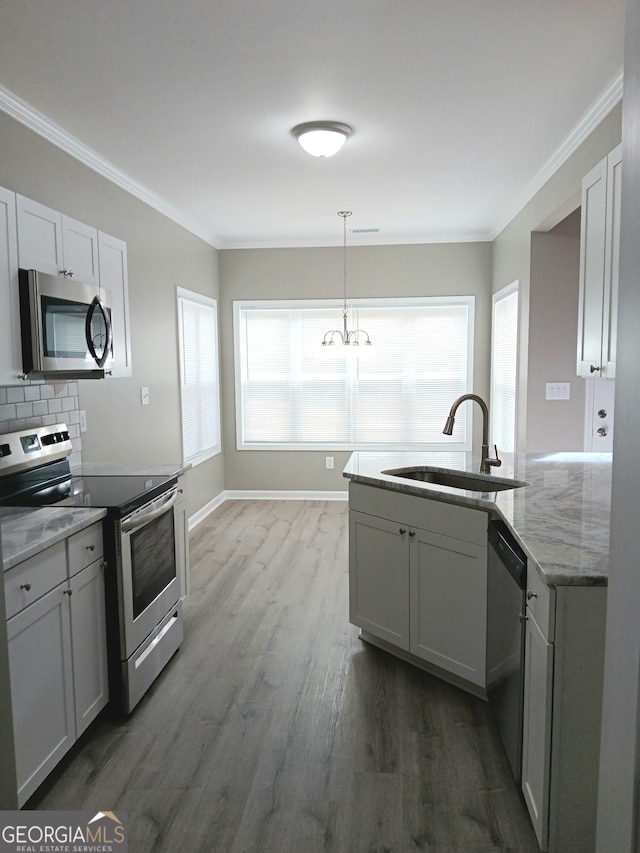 kitchen with appliances with stainless steel finishes, sink, dark hardwood / wood-style floors, and ornamental molding