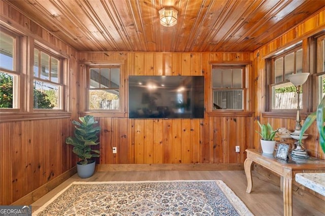 interior space featuring light hardwood / wood-style floors, wood ceiling, and wood walls