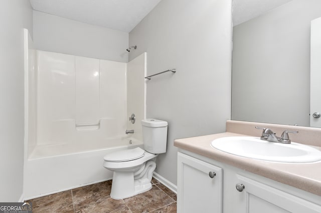 full bathroom featuring toilet, a textured ceiling, vanity, and shower / bathtub combination