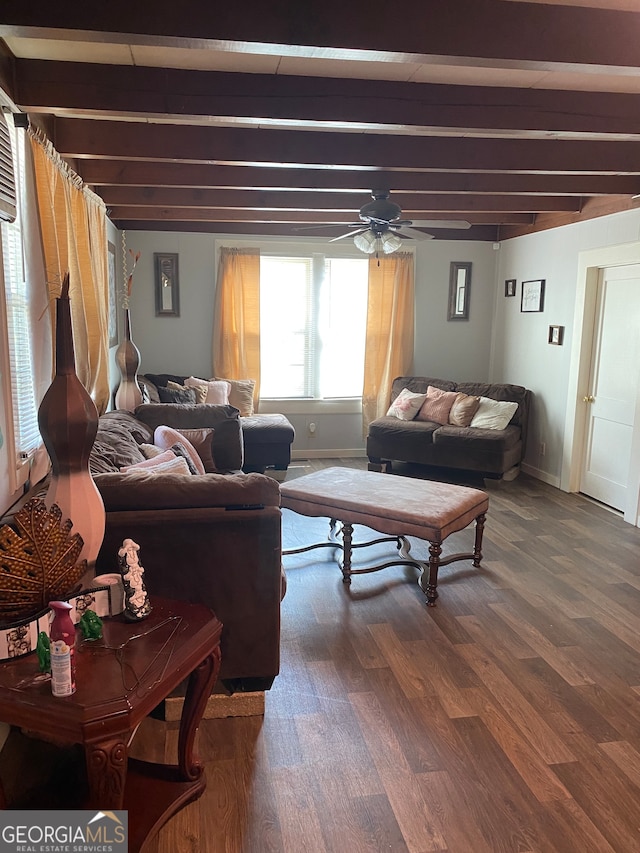 living room with beam ceiling, wood-type flooring, and ceiling fan