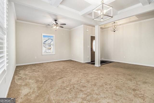 interior space featuring beamed ceiling, carpet floors, ceiling fan with notable chandelier, and ornamental molding