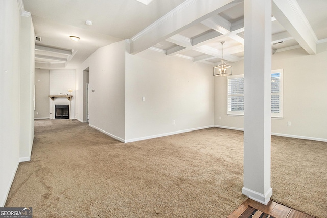 interior space featuring beam ceiling, coffered ceiling, a notable chandelier, carpet, and ornamental molding