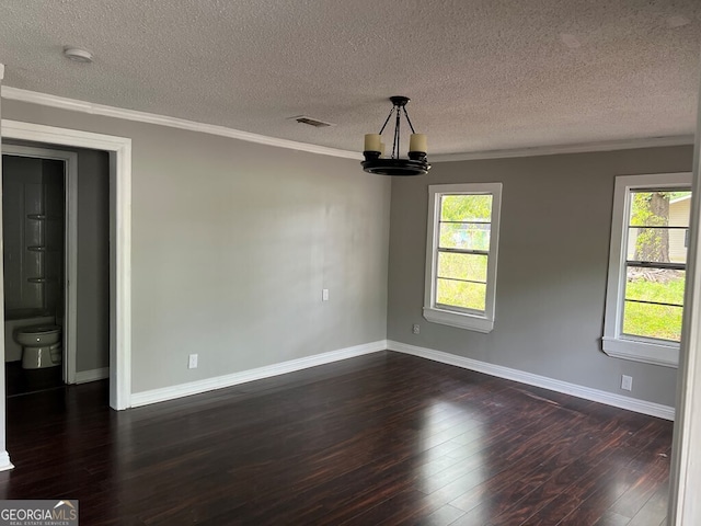 spare room featuring dark hardwood / wood-style floors, a healthy amount of sunlight, and a textured ceiling