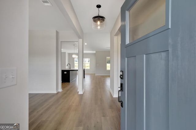 foyer entrance featuring hardwood / wood-style flooring and sink