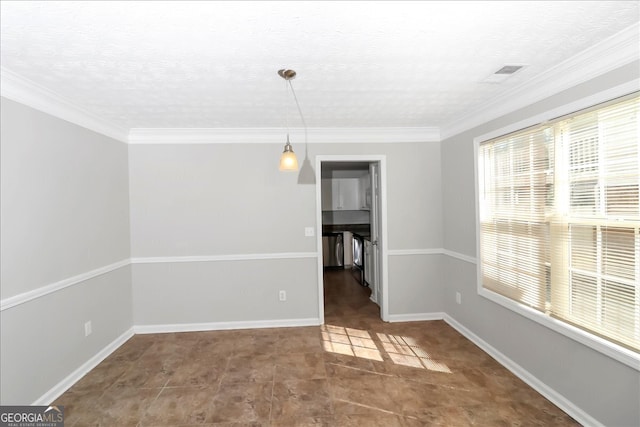 unfurnished dining area with crown molding and a textured ceiling