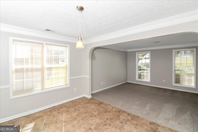 carpeted spare room featuring crown molding and a textured ceiling