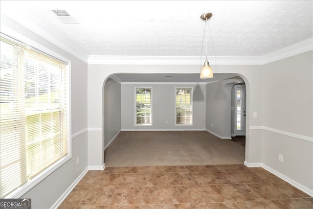 carpeted spare room featuring crown molding and a textured ceiling