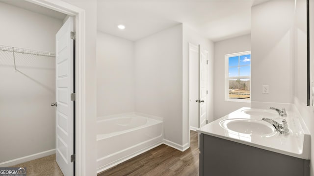 353 Sound Cir, Stockbridge, GA 30281 - full bathroom featuring baseboards, wood finished floors, a bath, a spacious closet, and double vanity