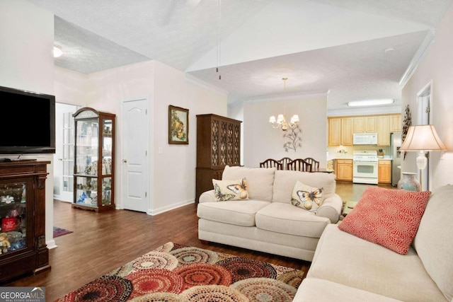 living room featuring ornamental molding, a notable chandelier, a textured ceiling, high vaulted ceiling, and dark hardwood / wood-style flooring