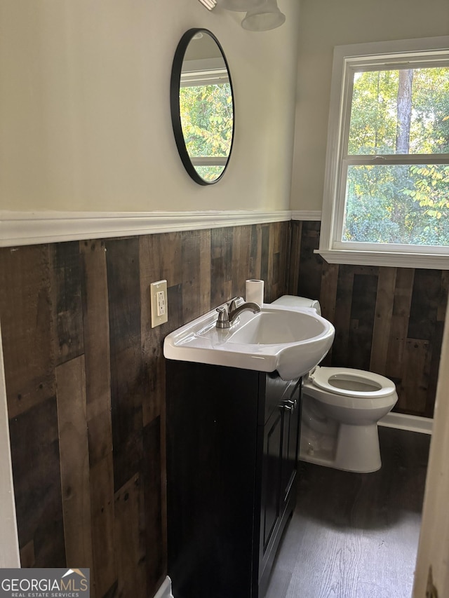 bathroom with wood-type flooring, toilet, and vanity