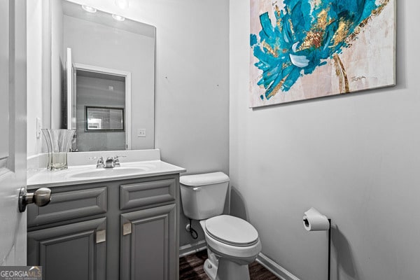 bathroom featuring vanity, toilet, and wood-type flooring