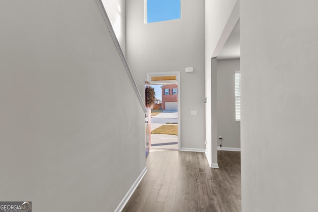 hall with hardwood / wood-style flooring and a high ceiling