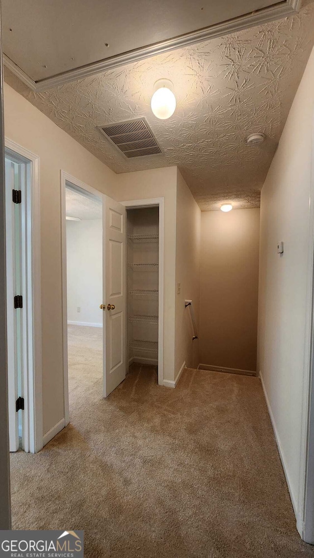 hallway featuring a textured ceiling and light colored carpet