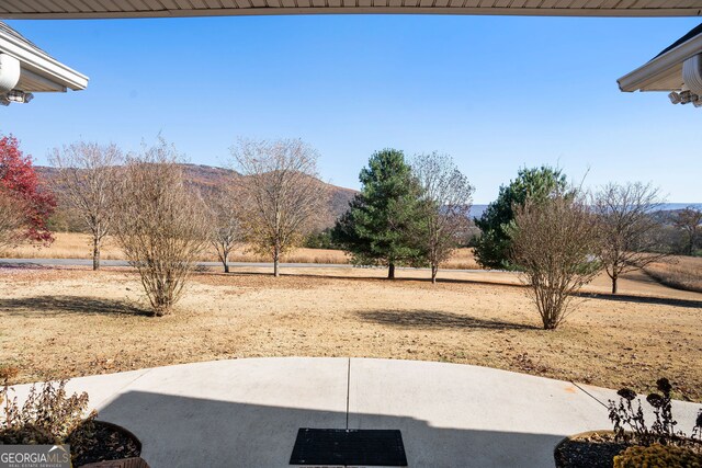 view of yard with a patio and a mountain view