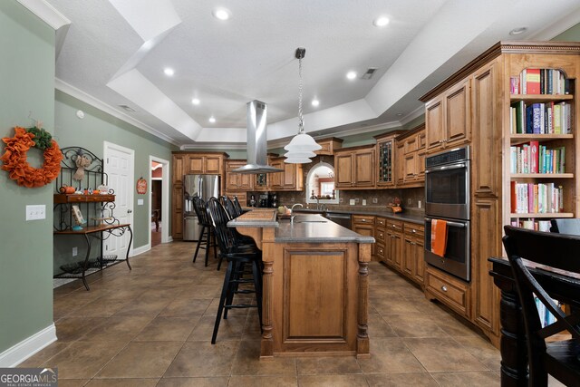 kitchen featuring appliances with stainless steel finishes, island exhaust hood, decorative light fixtures, and a raised ceiling