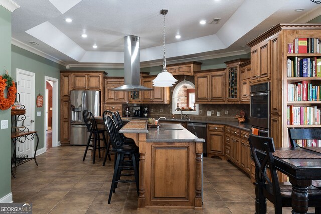 kitchen featuring island exhaust hood, an island with sink, hanging light fixtures, stainless steel appliances, and a tray ceiling