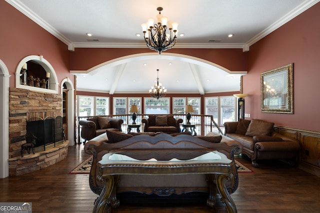 bedroom featuring vaulted ceiling with beams, multiple windows, a fireplace, and dark hardwood / wood-style flooring