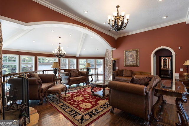 living room featuring ornamental molding, lofted ceiling with beams, and dark hardwood / wood-style floors