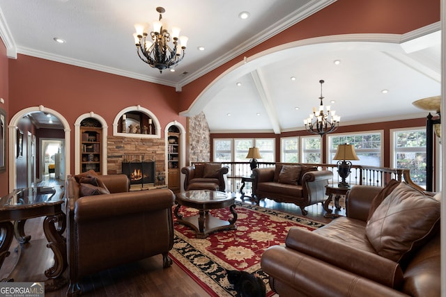 living room with crown molding, lofted ceiling with beams, built in features, and dark hardwood / wood-style floors