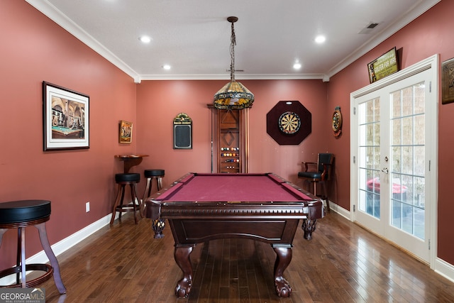 recreation room with ornamental molding, french doors, dark hardwood / wood-style floors, and billiards