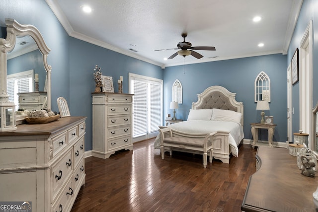 bedroom featuring crown molding, ceiling fan, multiple windows, and dark hardwood / wood-style flooring