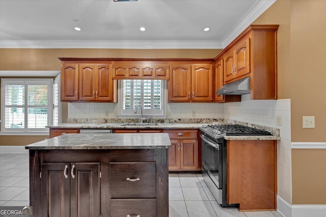 kitchen with backsplash, sink, crown molding, stainless steel appliances, and ventilation hood