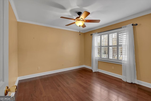 spare room featuring crown molding, hardwood / wood-style floors, and ceiling fan