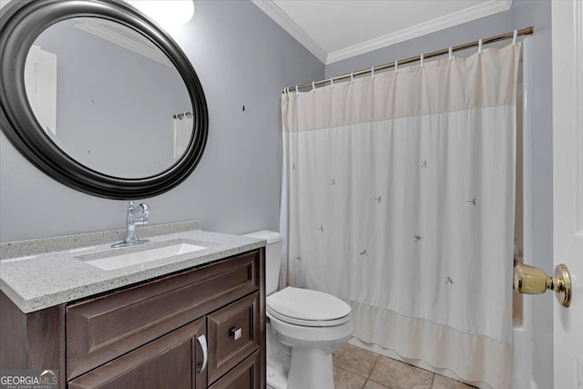 bathroom with toilet, walk in shower, vanity, ornamental molding, and tile patterned flooring