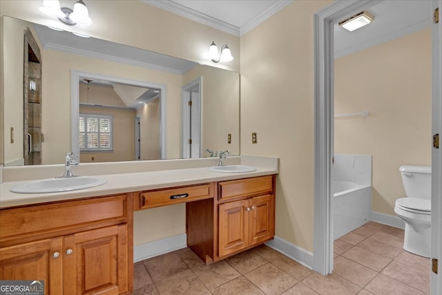 bathroom with toilet, crown molding, vanity, and tile patterned flooring