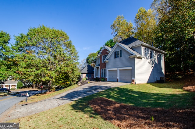 view of property exterior with central AC, a garage, and a lawn