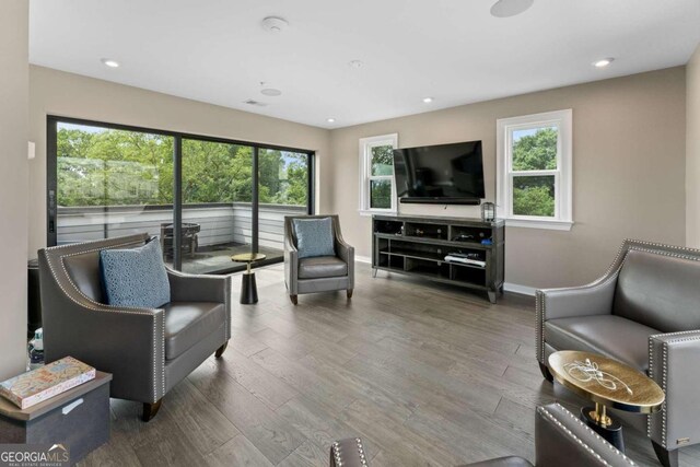 living room with a wealth of natural light and dark hardwood / wood-style flooring