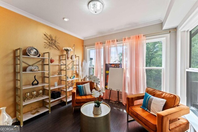 living area featuring dark hardwood / wood-style flooring, crown molding, and a wealth of natural light