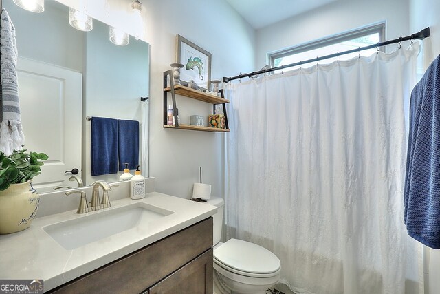 bathroom featuring vanity, toilet, and curtained shower