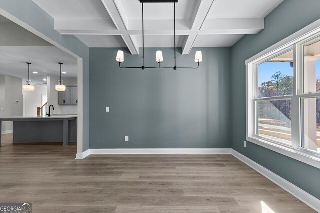 kitchen with sink, light hardwood / wood-style flooring, decorative light fixtures, and stainless steel appliances