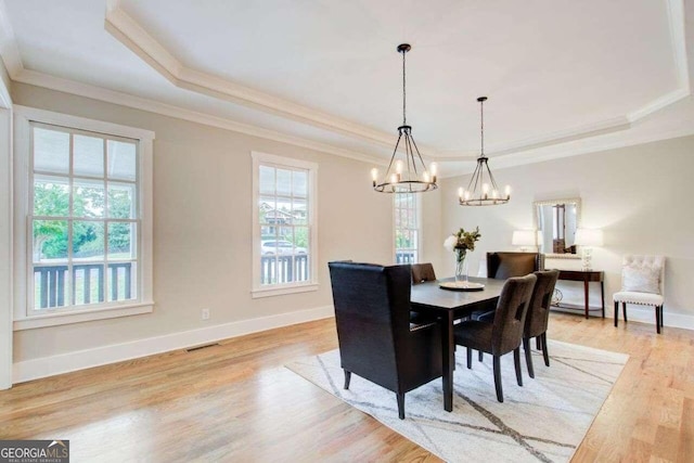 dining area with a tray ceiling, light wood-type flooring, and plenty of natural light