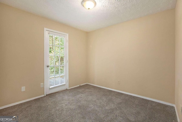 unfurnished room with a textured ceiling and carpet floors