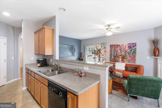 kitchen with dishwasher, kitchen peninsula, sink, ceiling fan, and light brown cabinets