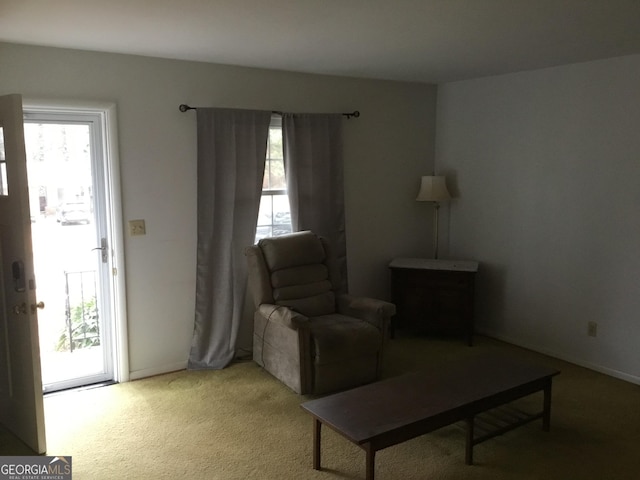 sitting room featuring light carpet